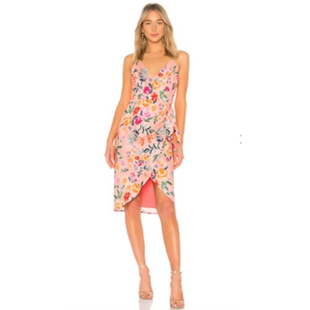Lovers + Friends Dress Womens Small Pink Floral Wrap Linen‎ Blend Midi Sundress